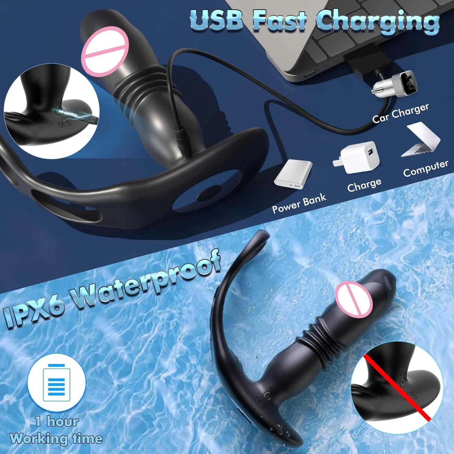 3 in 1 Anal Vibrator for Men Wireless Remote Dildo Thrusting Vibrating Prostate Massager Delay Ejaculation Lock Ring Sex Toys