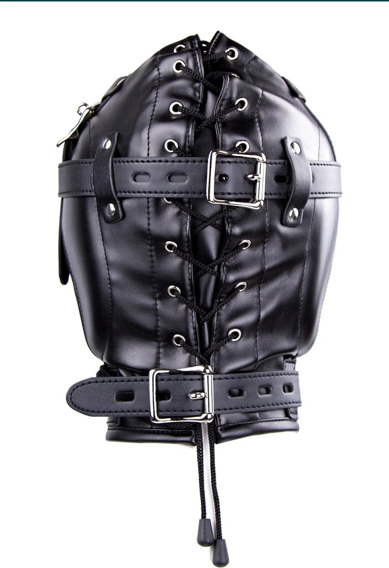 PU Leather Full Head Bondage Hood Mask Adjustable BDSM Headgear Blindfold with Chain Leash Role Play Costume Accessories PU Leather Full Head Bondage Hood Mask Adjustable BDSM Headgear Blindfold with Chain Leash Role Play Costume Accessories