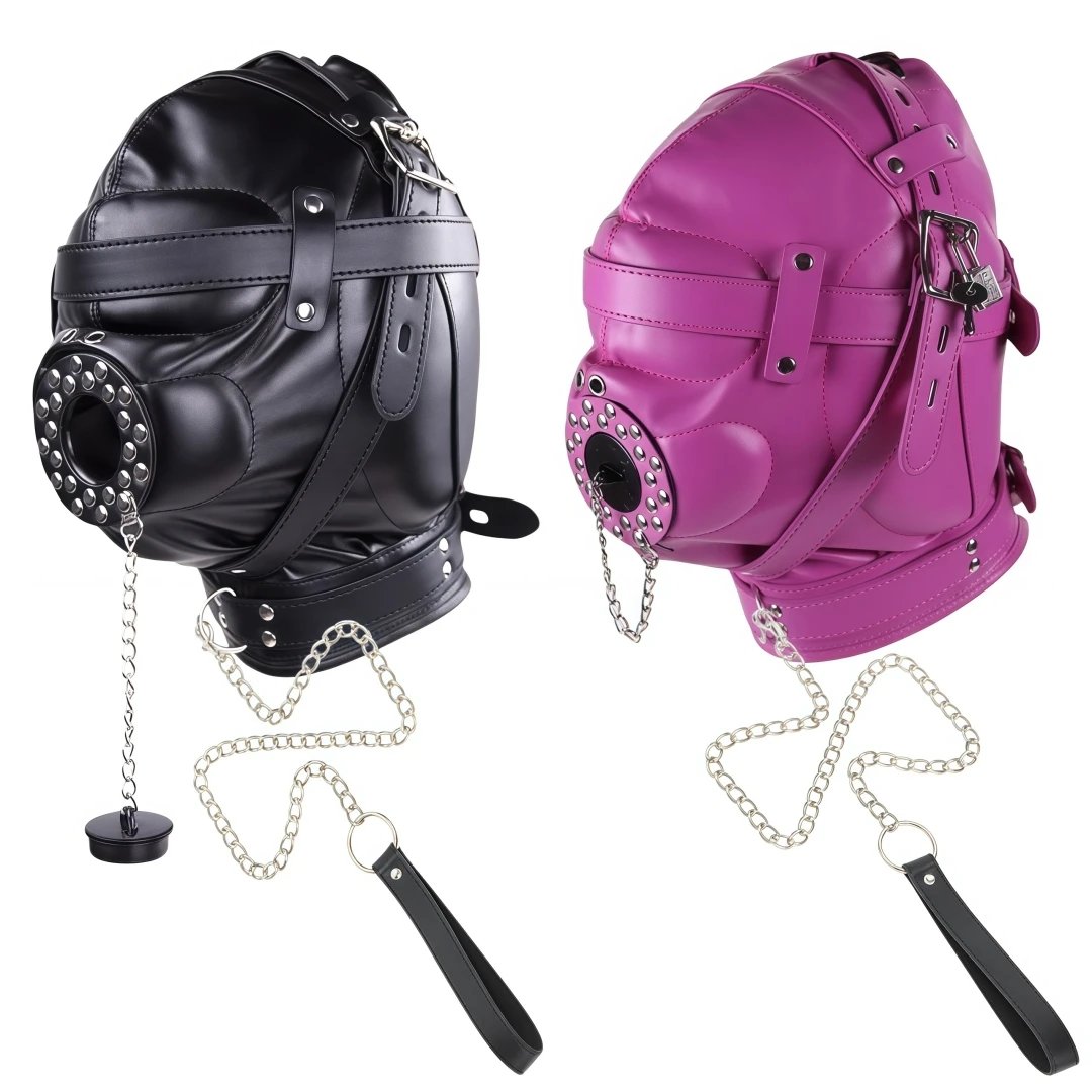 PU Leather Full Head Bondage Hood Mask Adjustable BDSM Headgear Blindfold with Chain Leash Role Play Costume Accessories PU Leather Full Head Bondage Hood Mask Adjustable BDSM Headgear Blindfold with Chain Leash Role Play Costume Accessories