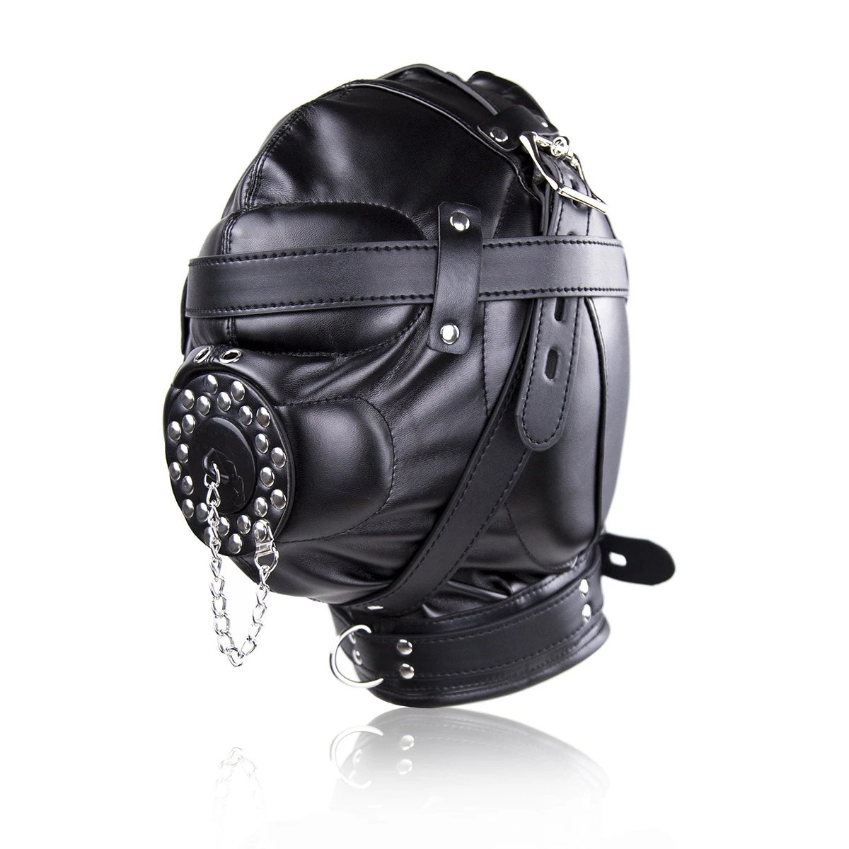 PU Leather Full Head Bondage Hood Mask Adjustable BDSM Headgear Blindfold with Chain Leash Role Play Costume Accessories PU Leather Full Head Bondage Hood Mask Adjustable BDSM Headgear Blindfold with Chain Leash Role Play Costume Accessories
