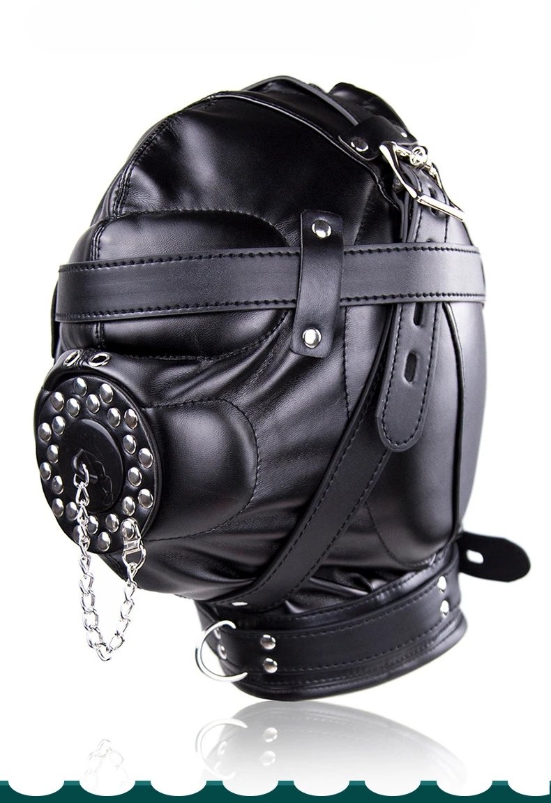 PU Leather Full Head Bondage Hood Mask Adjustable BDSM Headgear Blindfold with Chain Leash Role Play Costume Accessories PU Leather Full Head Bondage Hood Mask Adjustable BDSM Headgear Blindfold with Chain Leash Role Play Costume Accessories