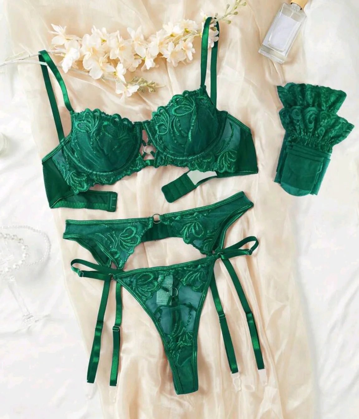 4 Pieces Sexy Mesh Embroidery Bra For Women Lady Female Outfit Garter Belt Fishnet Stockings Hot Underwear Erotic Suits Set