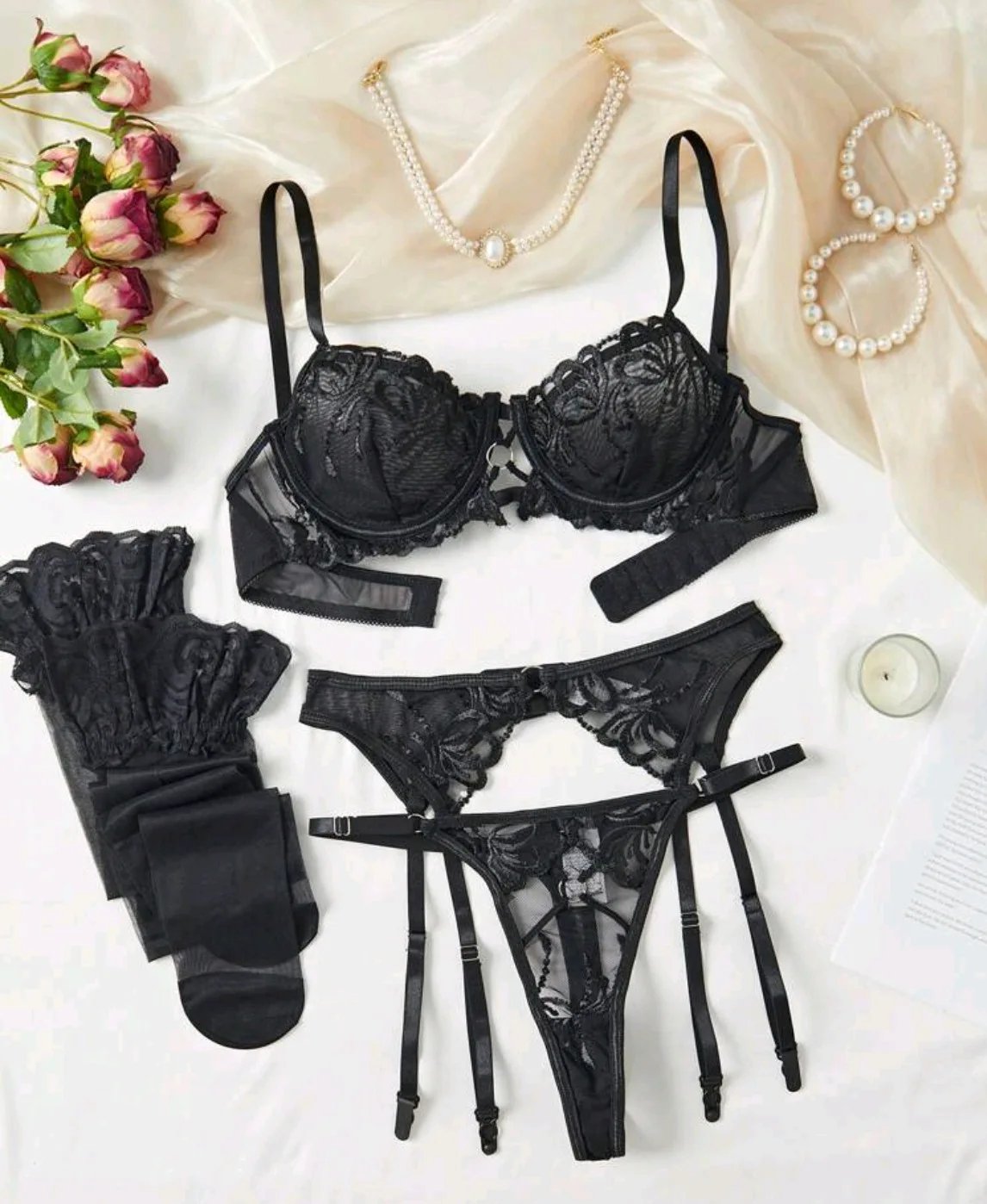 4 Pieces Sexy Mesh Embroidery Bra For Women Lady Female Outfit Garter Belt Fishnet Stockings Hot Underwear Erotic Suits Set