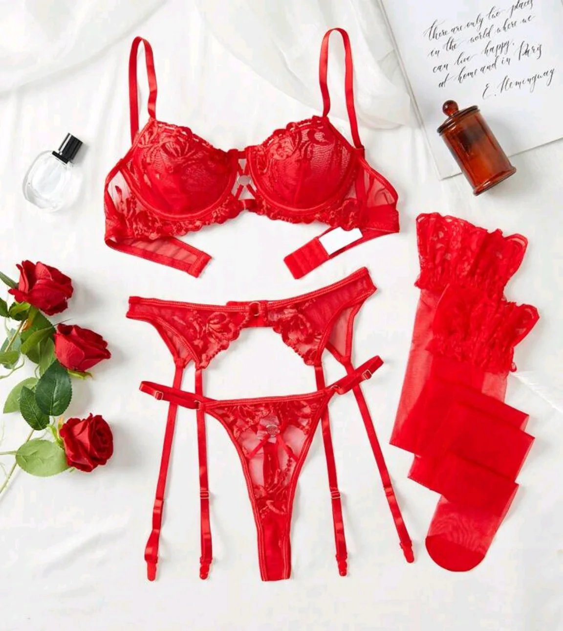 4 Pieces Sexy Mesh Embroidery Bra For Women Lady Female Outfit Garter Belt Fishnet Stockings Hot Underwear Erotic Suits Set