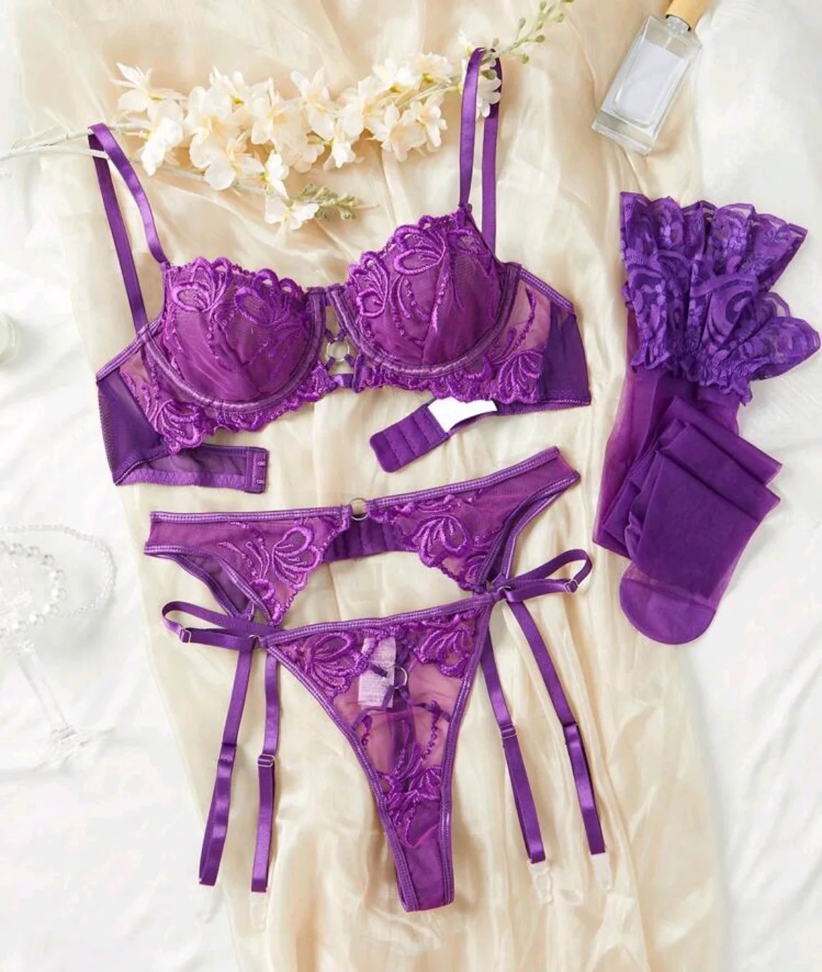 4 Pieces Sexy Mesh Embroidery Bra For Women Lady Female Outfit Garter Belt Fishnet Stockings Hot Underwear Erotic Suits Set